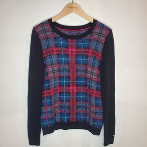Tommy Hilfiger red blue black gray plaid crew neck pullover knit sweater small